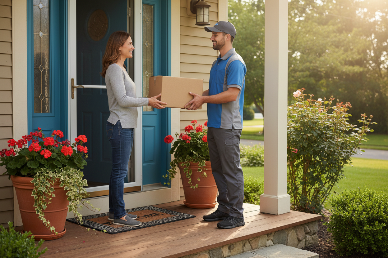 Creame una imagen horizontal donde se evidencie entreg de paquetes a la puerta de su casa